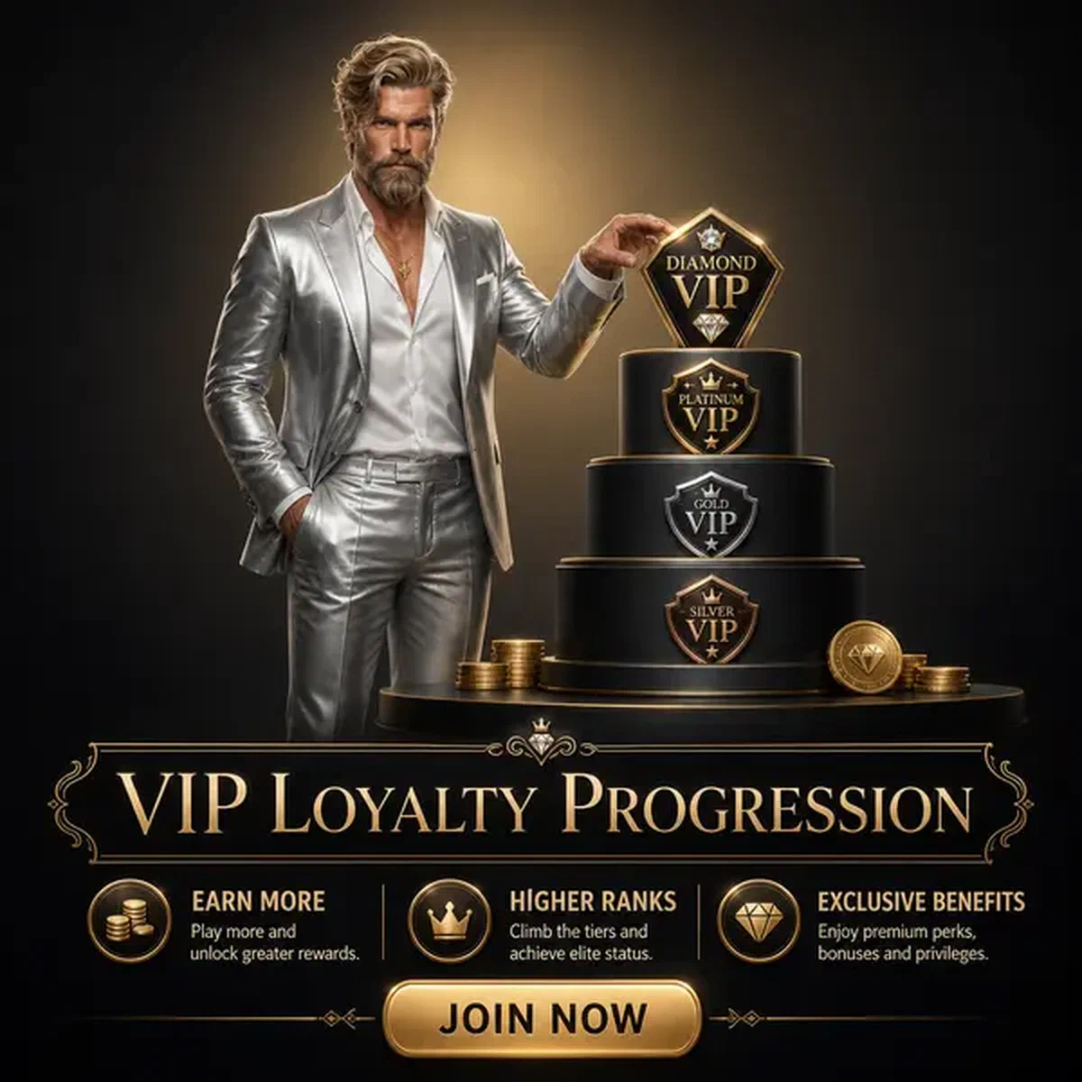 The Diamond Magnate inspecting VIP loyalty tier badges at Vipzino no deposit bonus podium