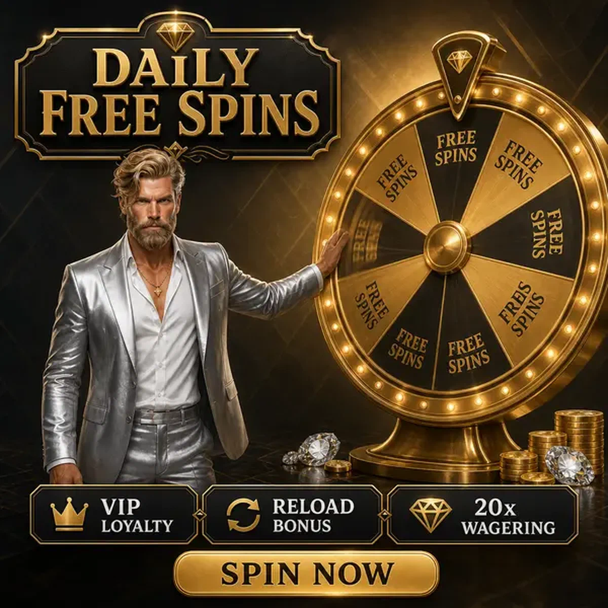 Diamond Magnate spinning golden prize wheel at Vipzino Casino for daily free spins rewards