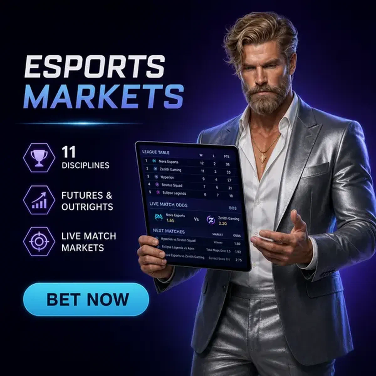 Esports betting analyst at Vipzino studying league tables on digital tablet