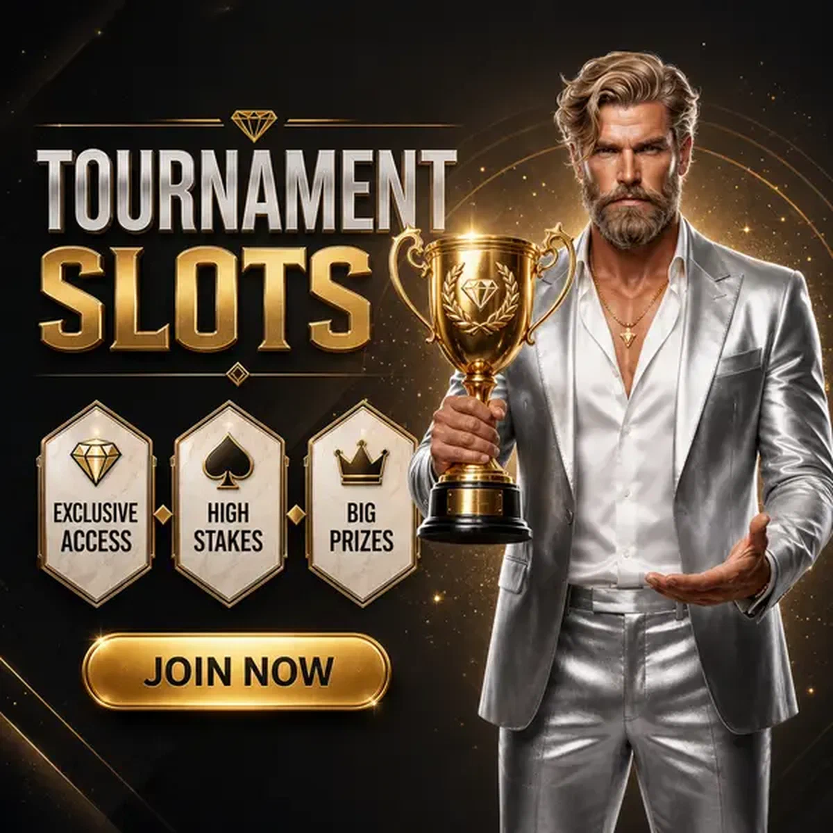 Sophisticated player holding tournament trophy at Vipzino slots hall