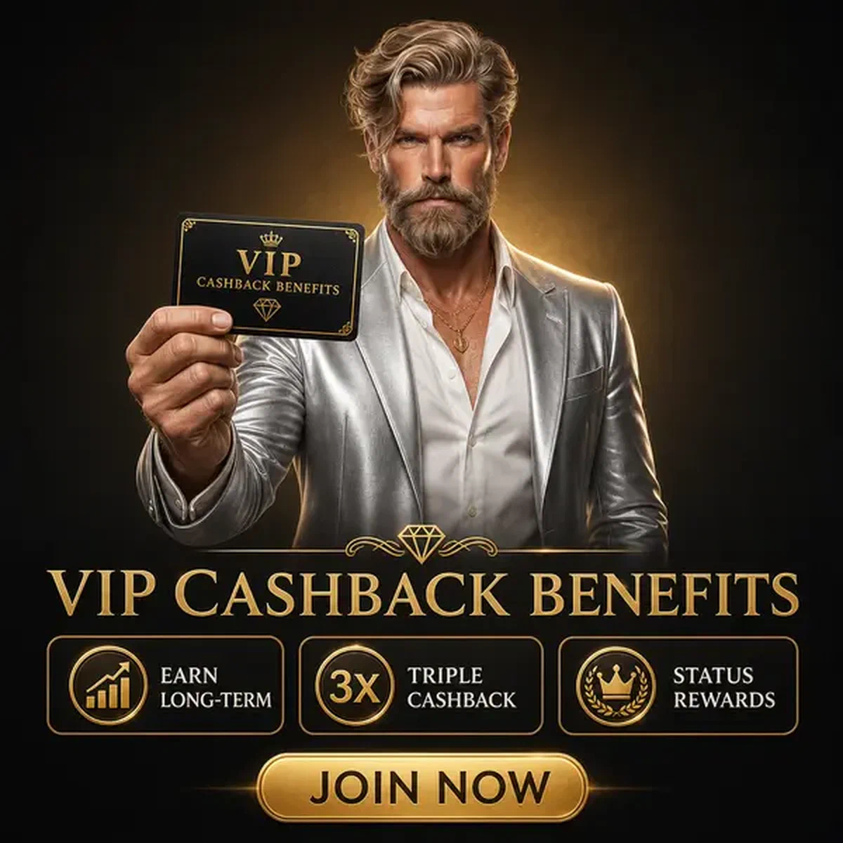 VIP player holding premium cashback card at Vipzino Casino with golden bonus rewards glowing