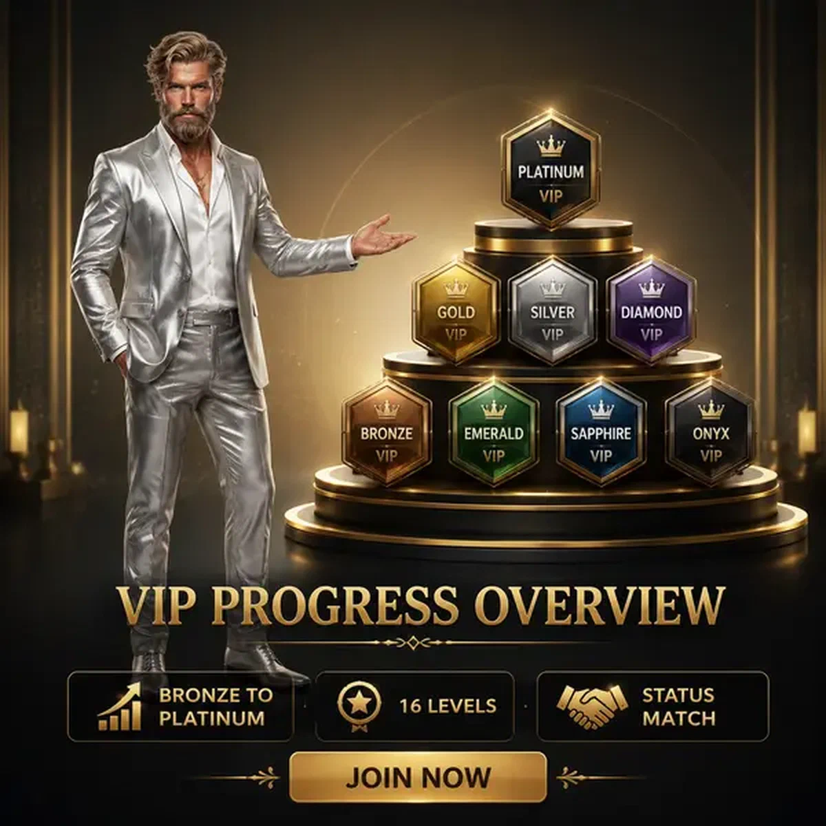 Diamond Magnate presenting VIP progress tiers at elegant Vipzino Casino login portal