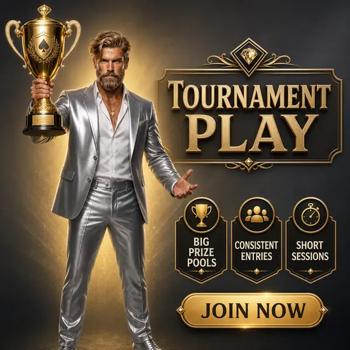 Tournament champion holding golden trophy at Tournament Play in Your Pocket app victory screen