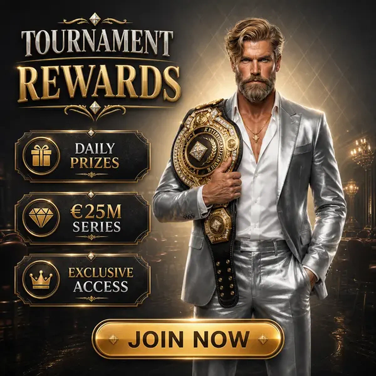 Diamond Magnate holding championship belt at Tournament and Leaderboard Spin Rewards free spins arena