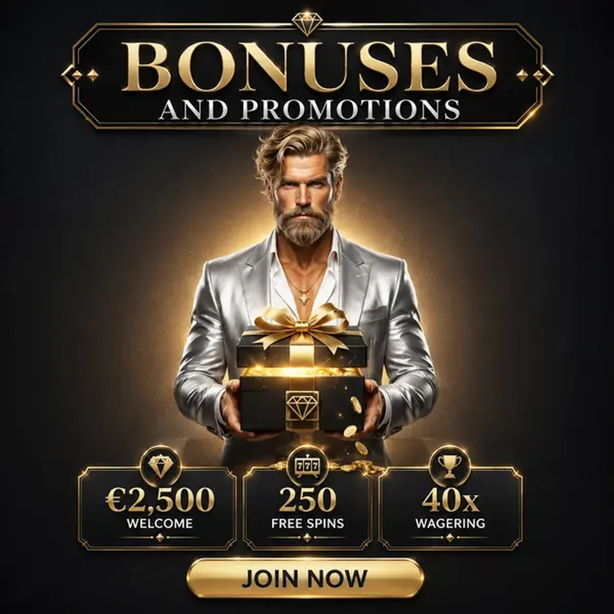 The Diamond Magnate presenting Vipzino bonus gift with elegant composure and theatrical flair