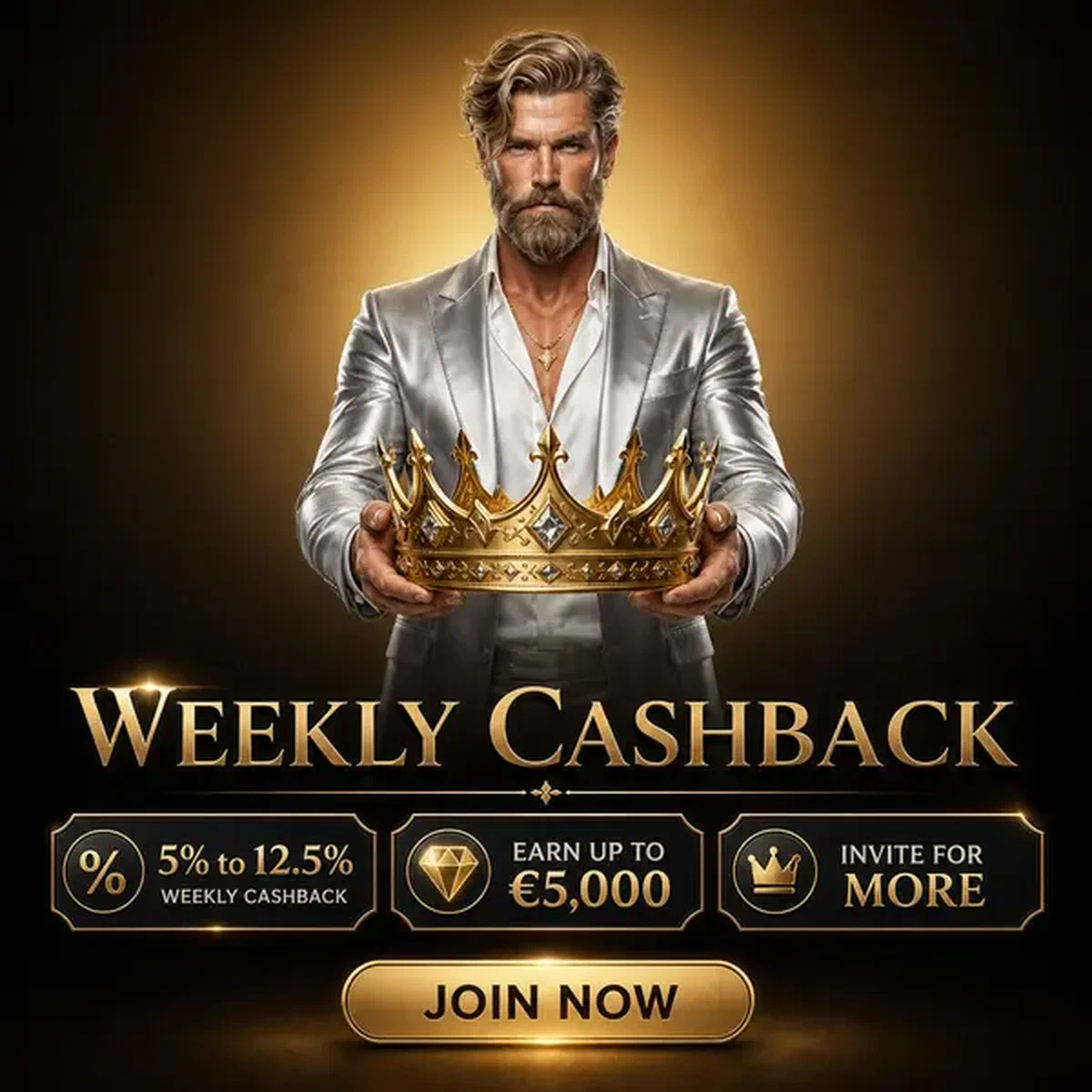 The Diamond Magnate presenting golden crown at Weekly Cashback Rhythm and Bands bonus hall
