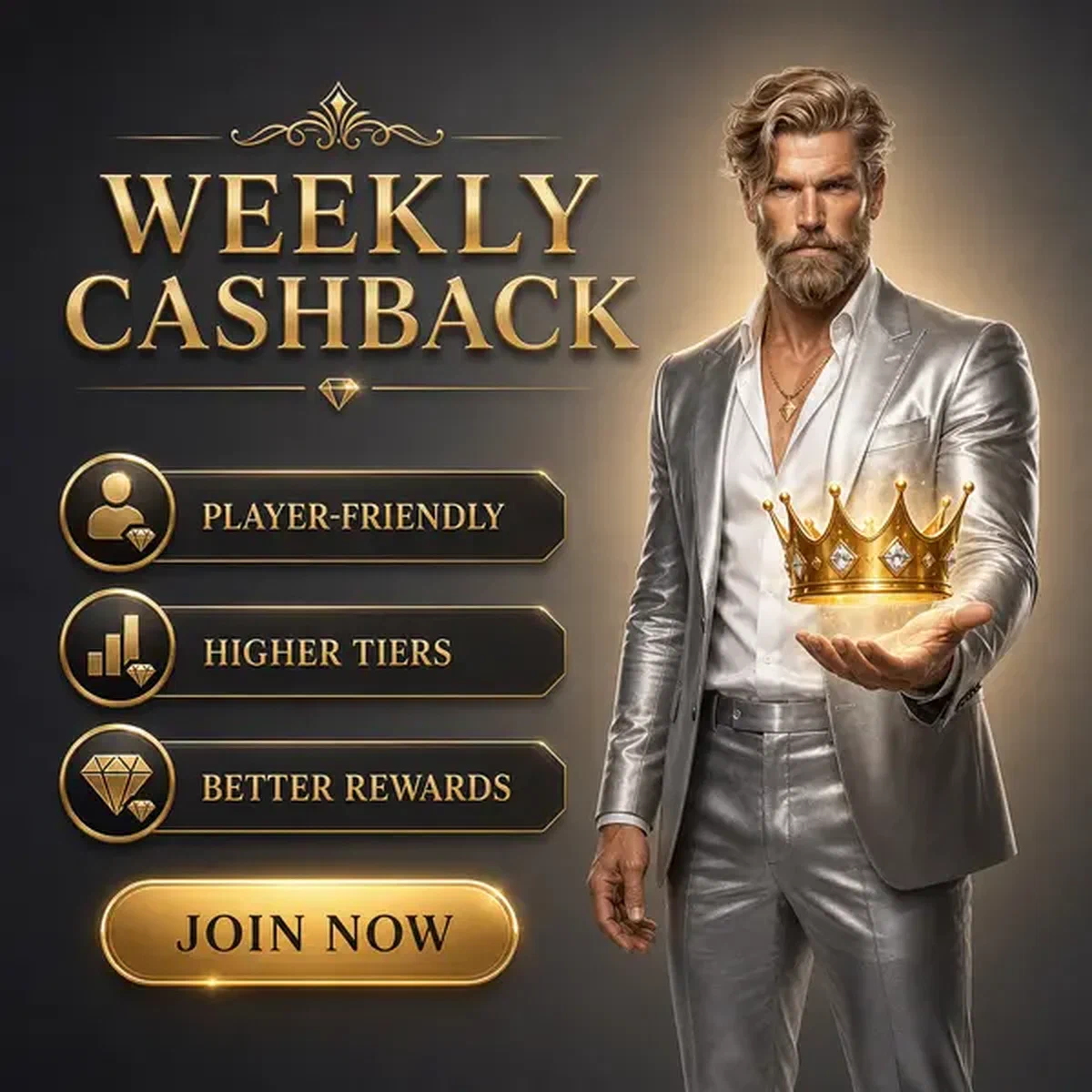 Diamond Magnate presenting golden crown at Weekly Cashback and Vipzino Free Slot Rewards slots