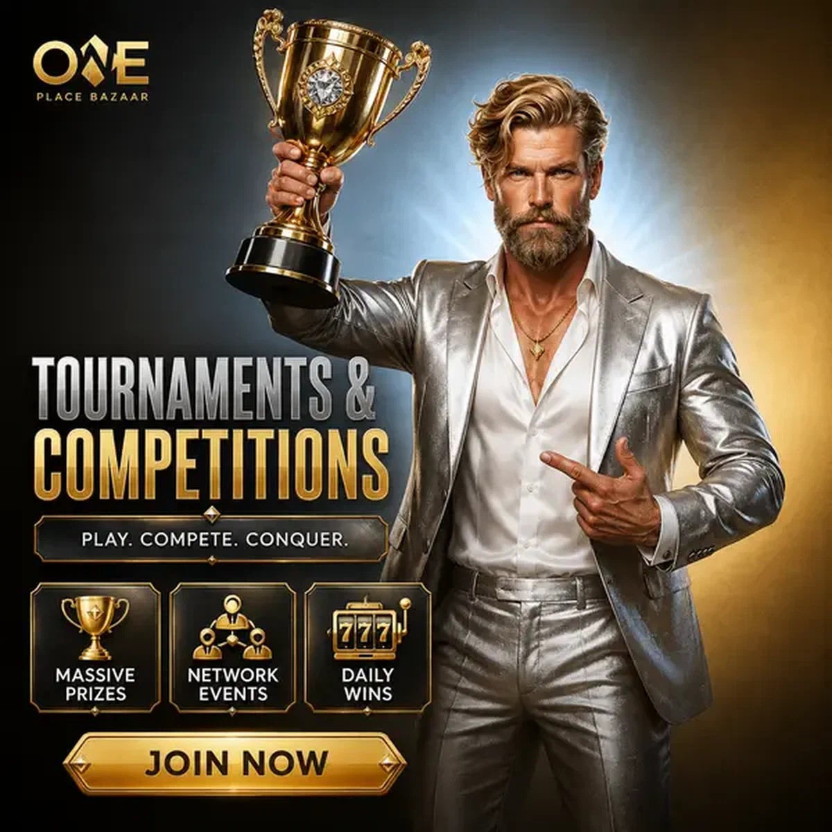 Diamond Magnate holding golden trophy at Vipzino tournaments celebrating massive prize victory