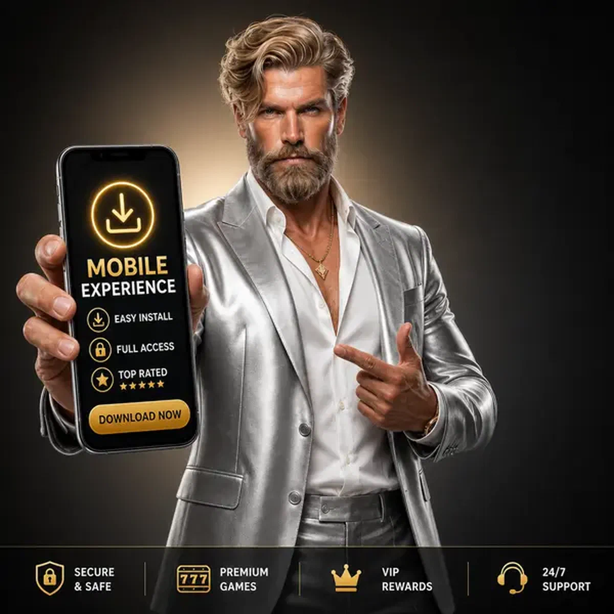 Vipzino mobile app glowing on smartphone screen with download icon ready